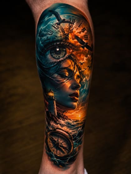 Tattoo Realismo Colorido Perna Mulher Relogio