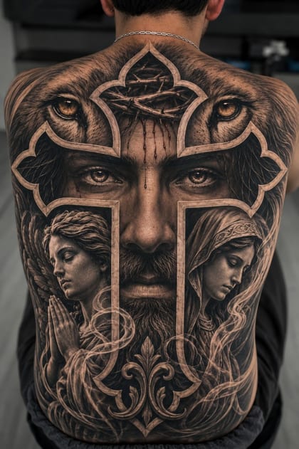 Tattoo Fechamento Costas Jesus Leao Realismo B&G