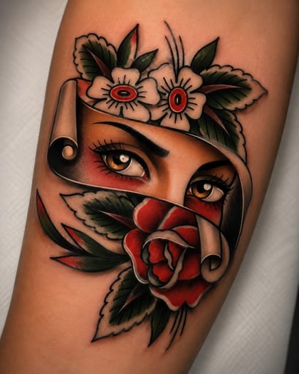 Tattoo Old School Geisha Rosa Realismo B&G
