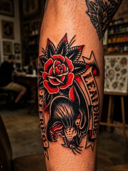 Tattoo Oldschool Pantera Rosa Perna Realismo B&G