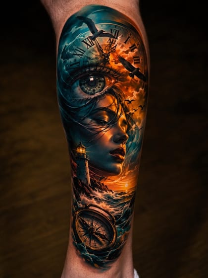 Tattoo Realismo Colorido Perna Mulher Relogio