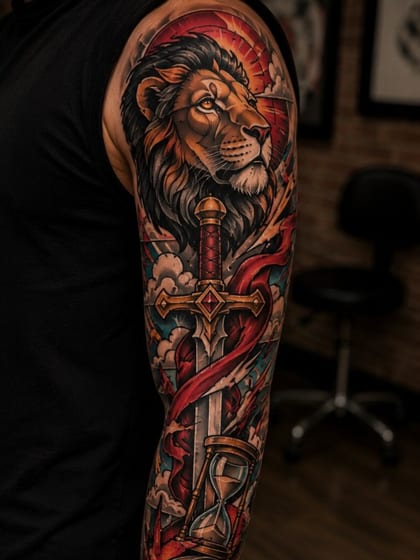 Tattoo Realismo Colorido Sleeve Leao Espada