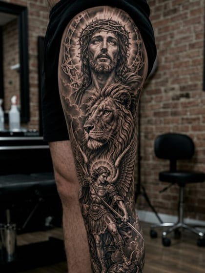 Tattoo Realismo Fechamento Perna Jesus Leao Realismo B&G