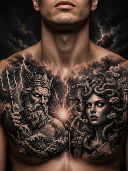 Tattoo Realismo Peito Zeus Medusa Realismo B&G